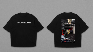 Porsche Typography Front & Collage Back Black Dropshoulder T-Shirt