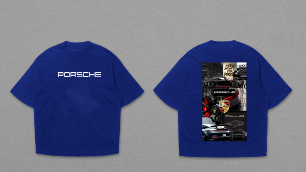 Porsche Typography Front & Collage Back Black Dropshoulder T-Shirt